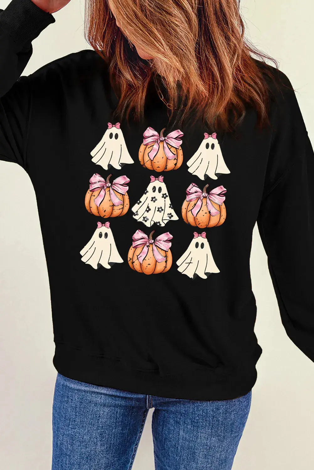 Pumpkin & Ghost Round Neck Long Sleeve Sweatshirt - Aria Bouquet