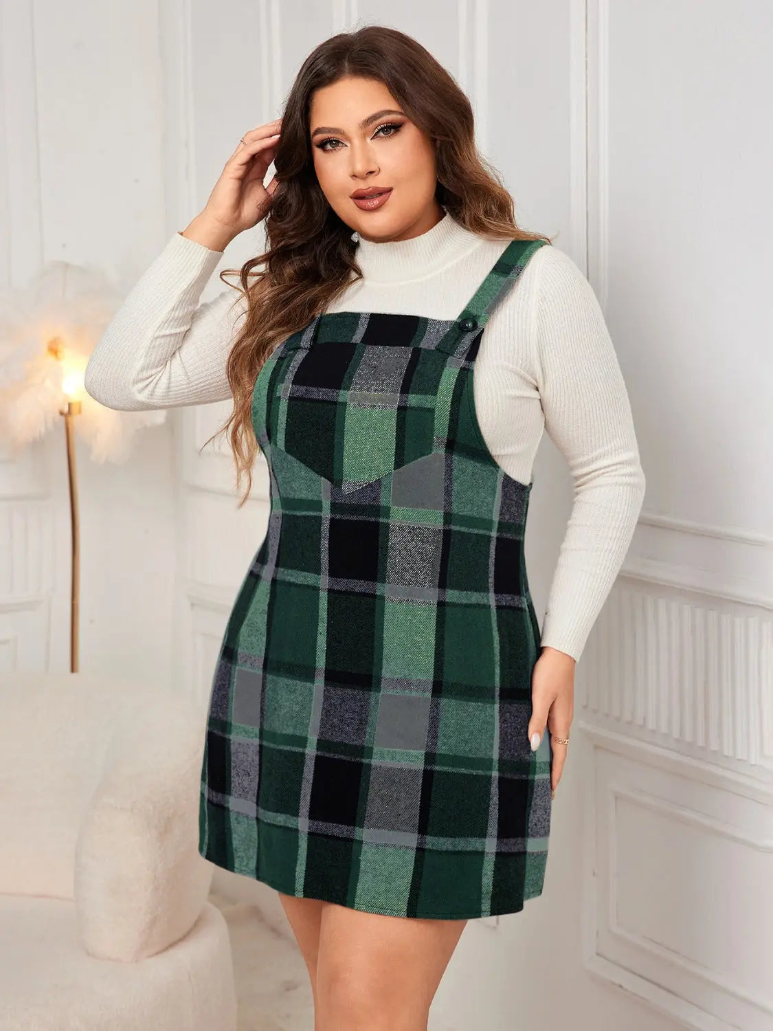 Honey Plus Size Plaid Wide Strap Overall Dress - Aria Bouquet