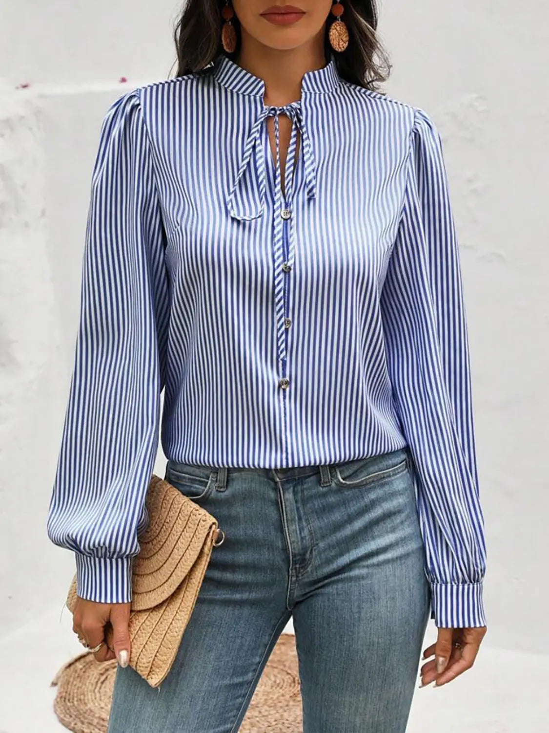 Striped Tie Neck Long Sleeve Blouse - Aria Bouquet