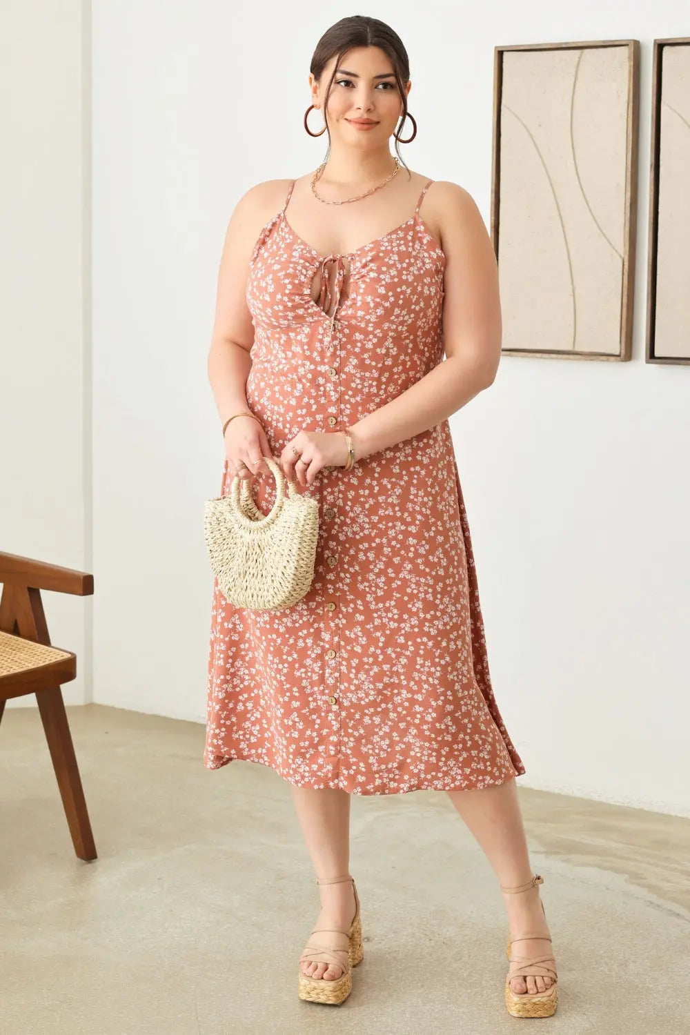 Zenobia Plus Size Cutout Floral Spaghetti Strap Dress - Aria Bouquet