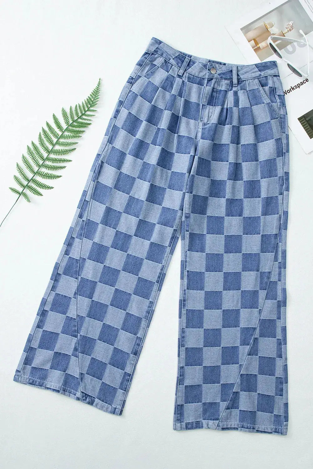 Checkered Wide Leg Jeans with Pockets - Aria Bouquet