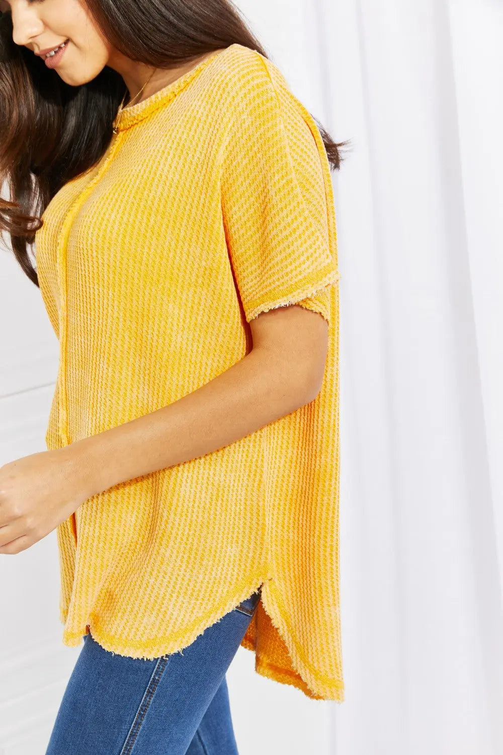 Zenana Start Small Washed Waffle Knit Top in Yellow Gold - Aria Bouquet