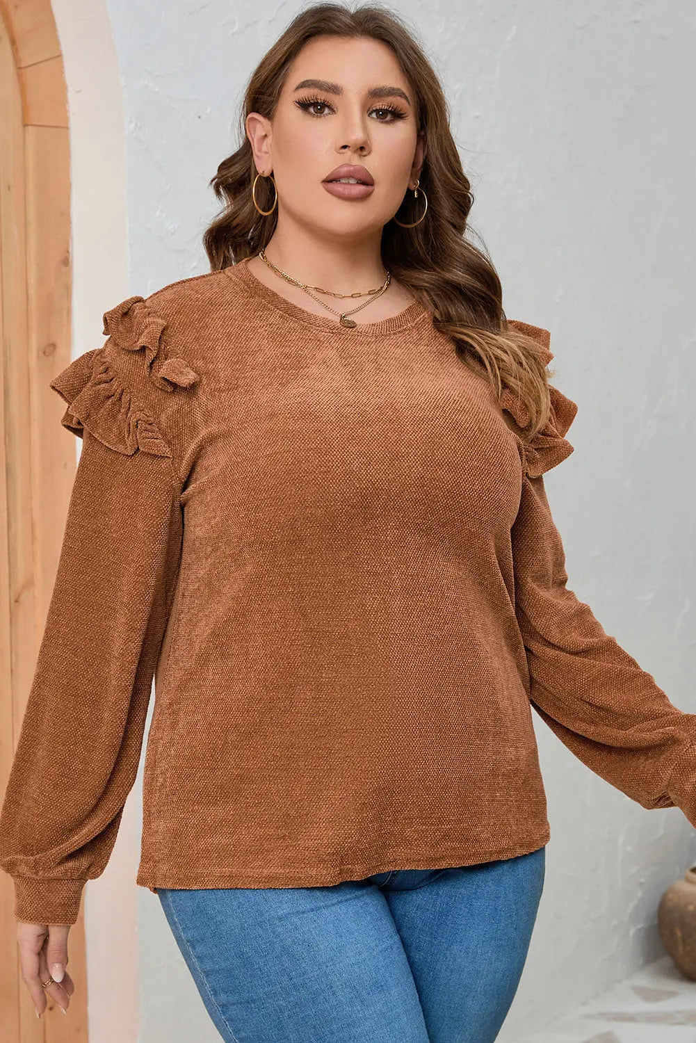 Plus Size Ruffled Round Neck Long Sleeve T-Shirt - Aria Bouquet