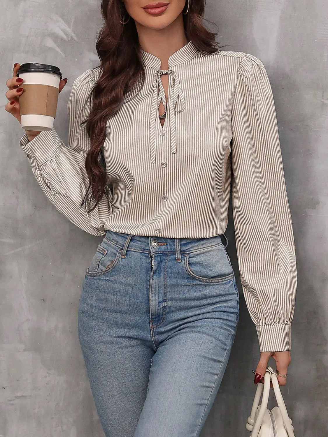 Striped Tie Neck Long Sleeve Blouse - Aria Bouquet