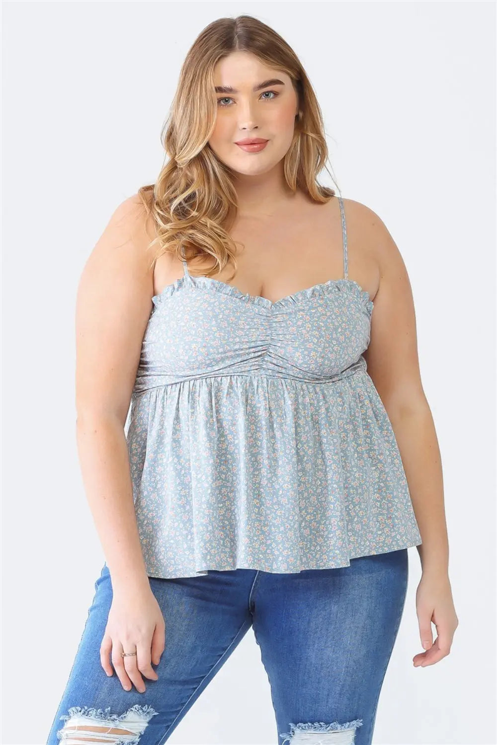 Zenobia Plus Size Frill Smocked Floral Sweetheart Neck Cami - Aria Bouquet