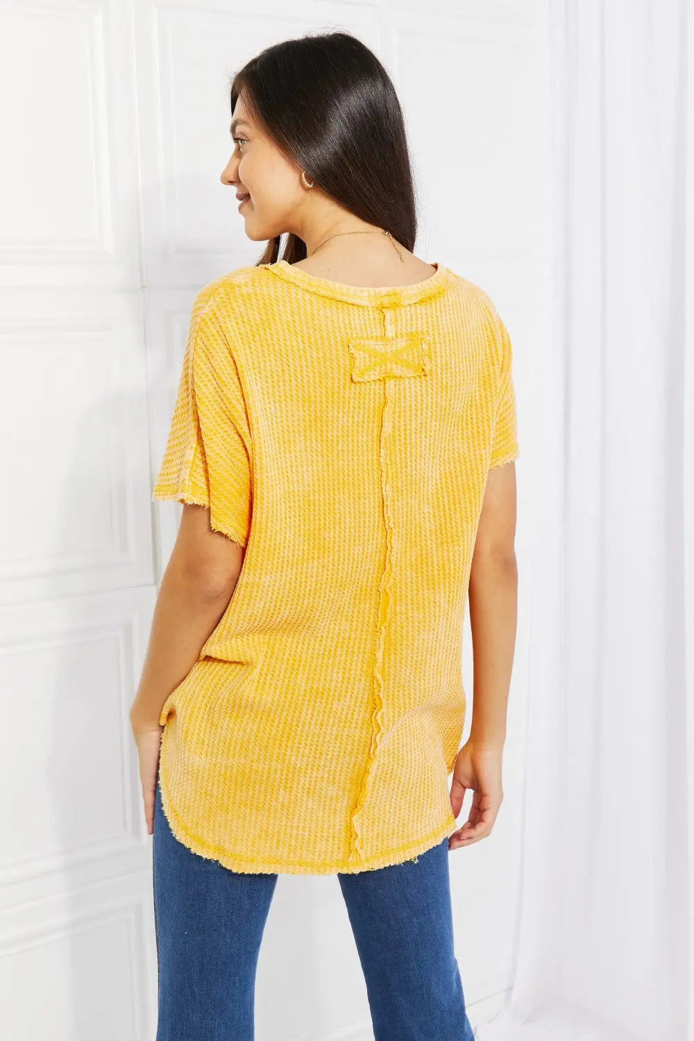 Zenana Start Small Washed Waffle Knit Top in Yellow Gold - Aria Bouquet