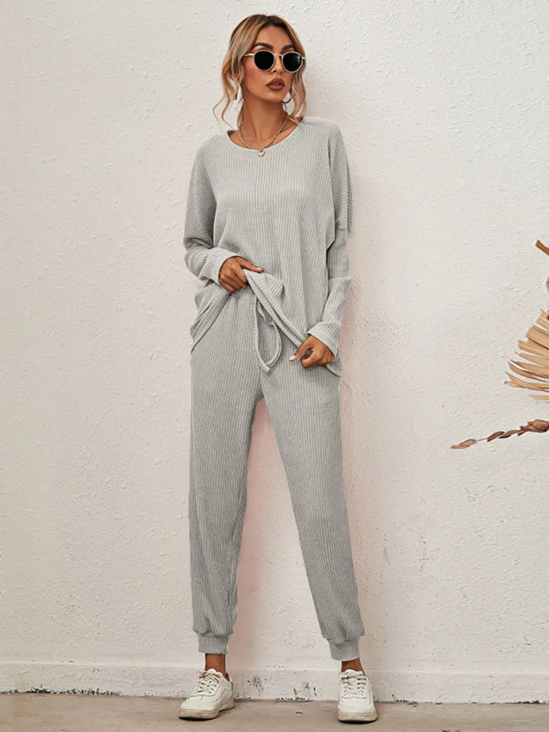 Full Size Round Neck Dropped Shoulder Top and Joggers Lounge Set Trendsi