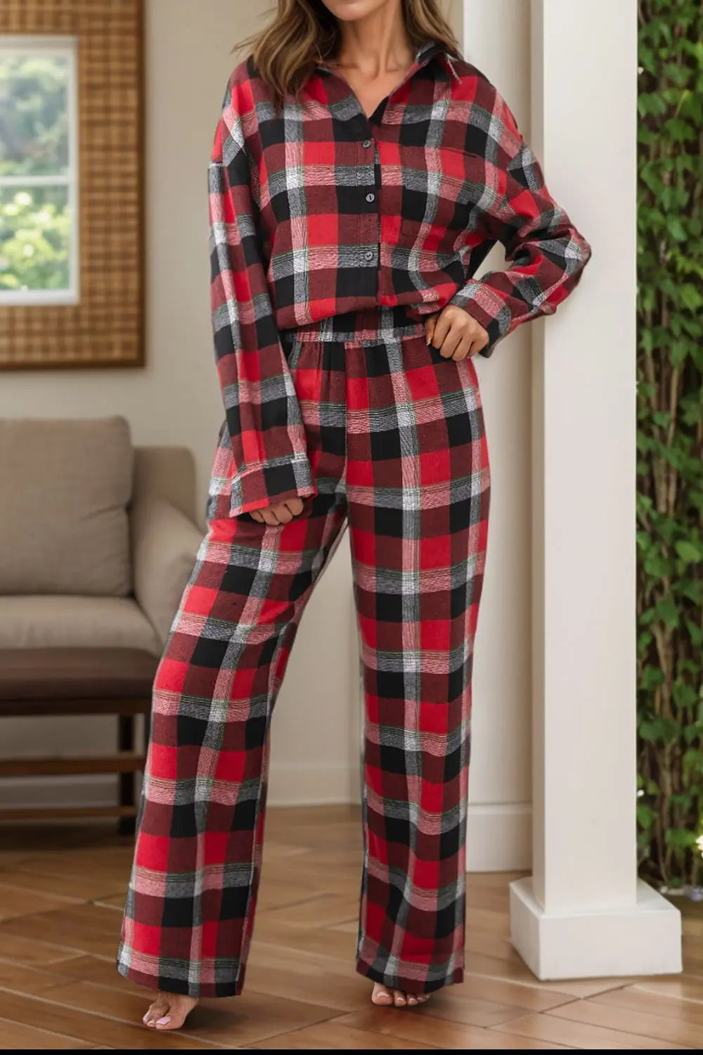 Plaid Long Sleeve Top and Pants Lounge Set Trendsi