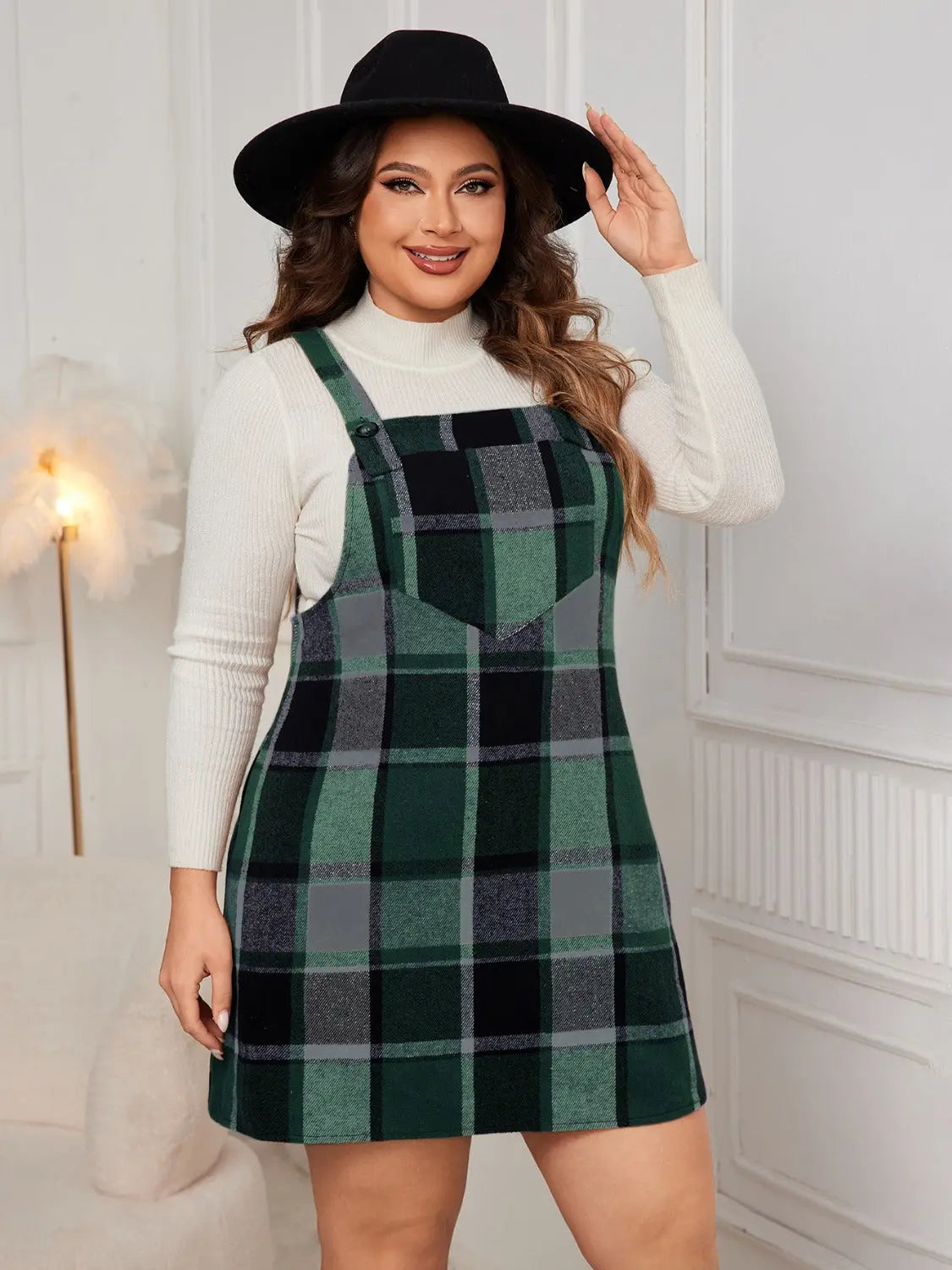 Honey Plus Size Plaid Wide Strap Overall Dress - Aria Bouquet