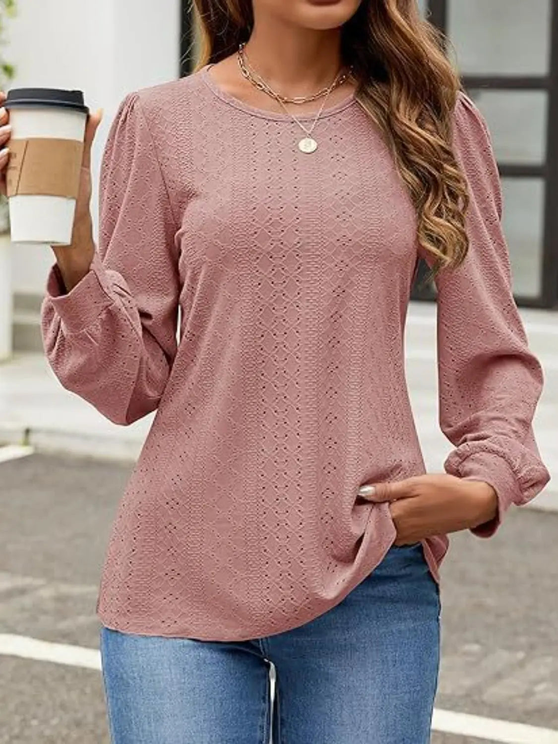 Eyelet Round Neck Long Sleeve Top - Aria Bouquet