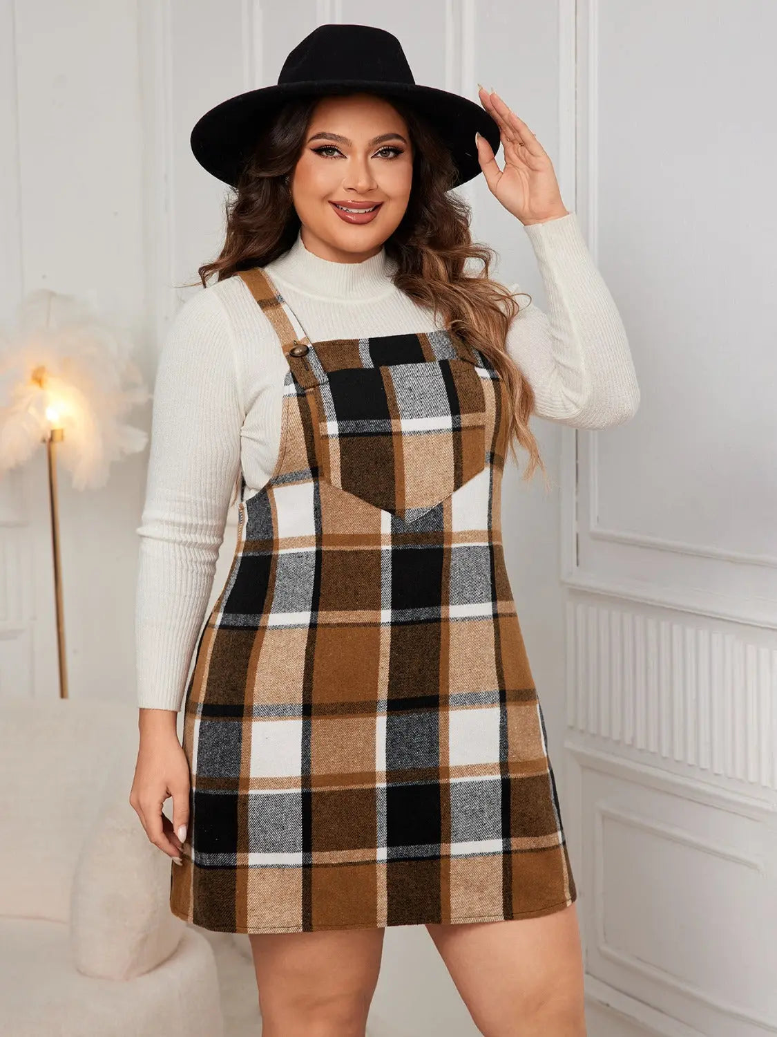 Honey Plus Size Plaid Wide Strap Overall Dress - Aria Bouquet