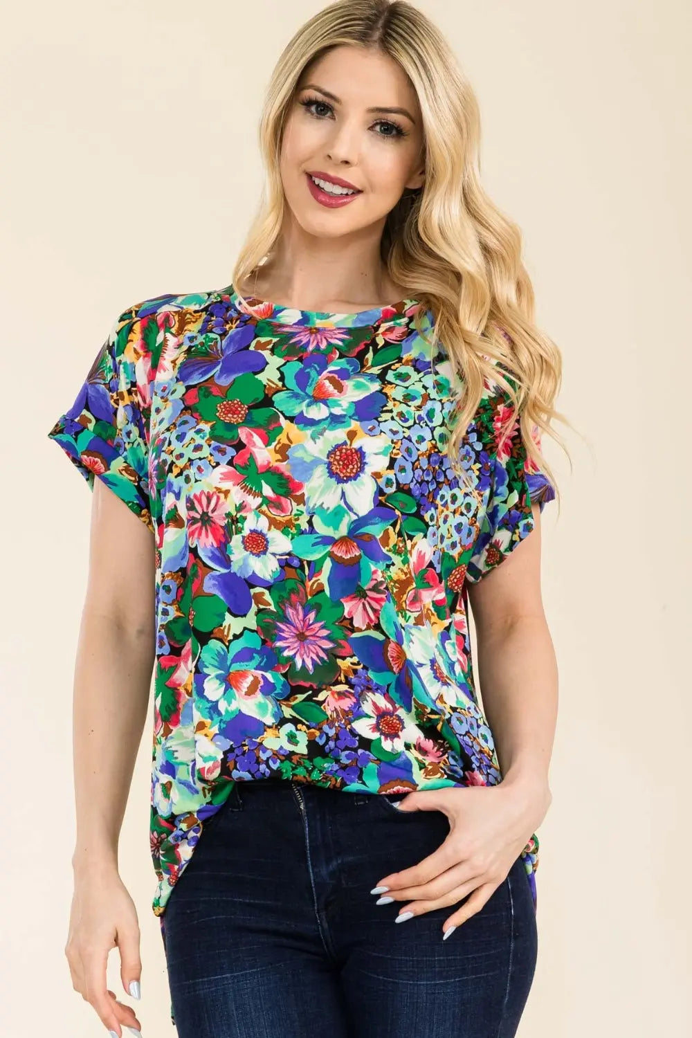 Celeste Full Size Round Neck Short Sleeve Floral T-Shirt - Aria Bouquet