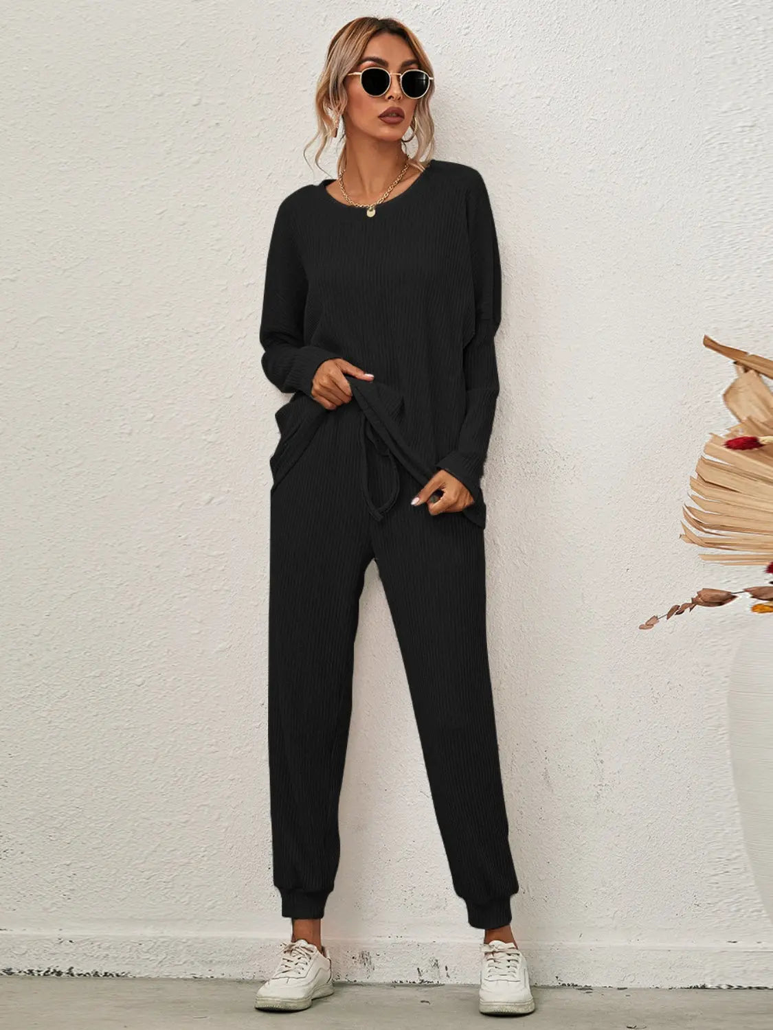 Full Size Round Neck Dropped Shoulder Top and Joggers Lounge Set Trendsi