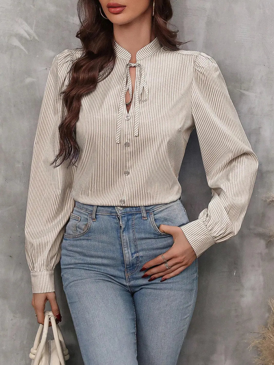 Striped Tie Neck Long Sleeve Blouse - Aria Bouquet